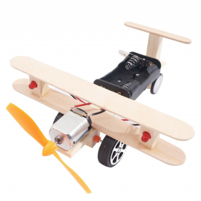 DIY Plane Model Wood Kids Physical Science Experiments Toy Double lights STEM